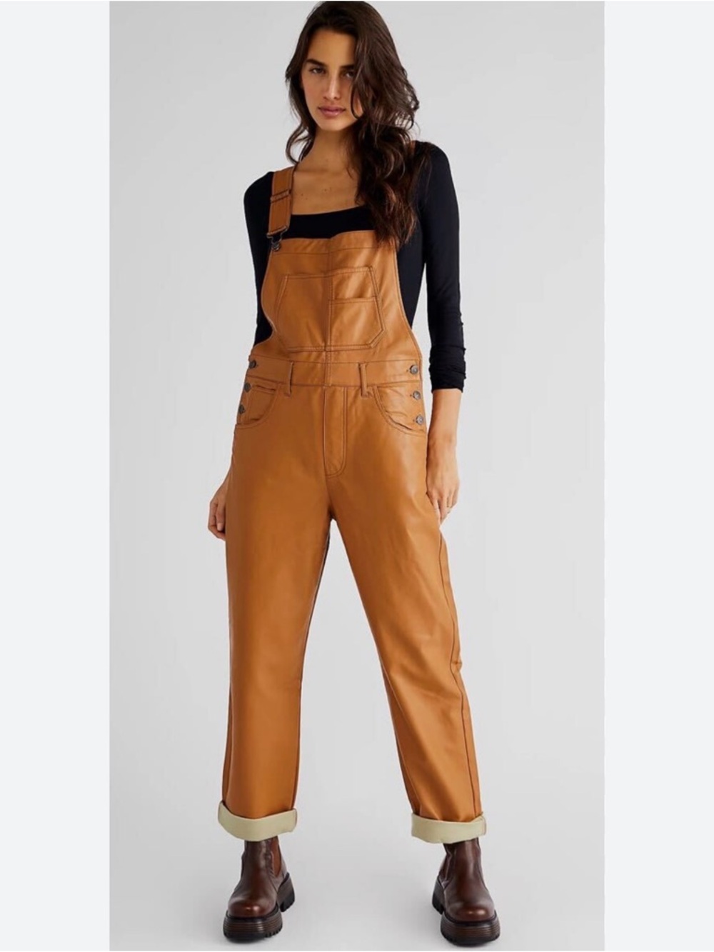 Free People We The Free Ziggy Vegan Leather Overalls Camel Brown Size S